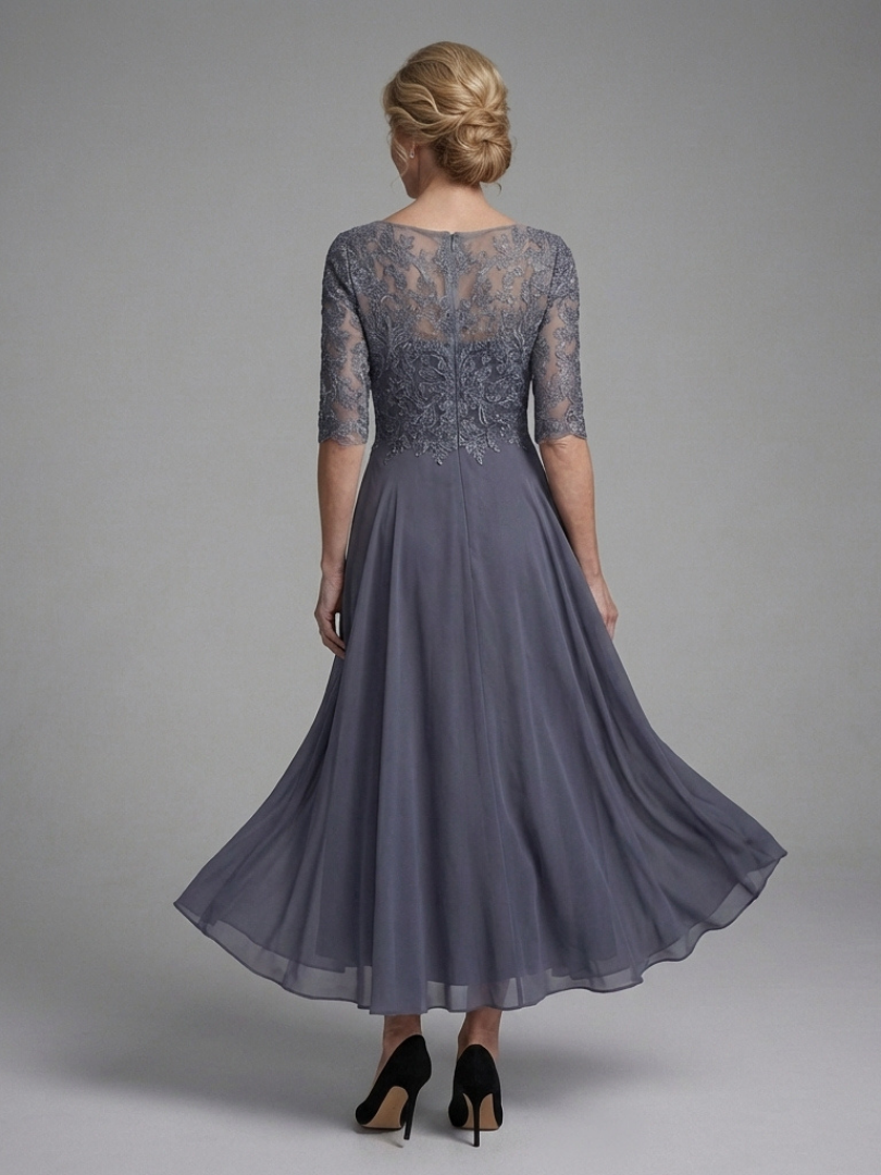Chic women's cocktail dress: blue lace bodice, sheer long sleeves, elegant midi length. Great for parties.