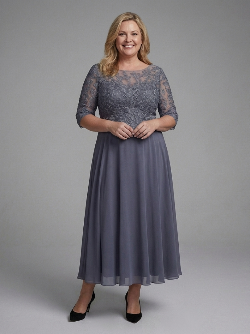 Sophisticated women's midi dress with intricate lace bodice, sheer sleeves & a graceful, flowing silhouette.