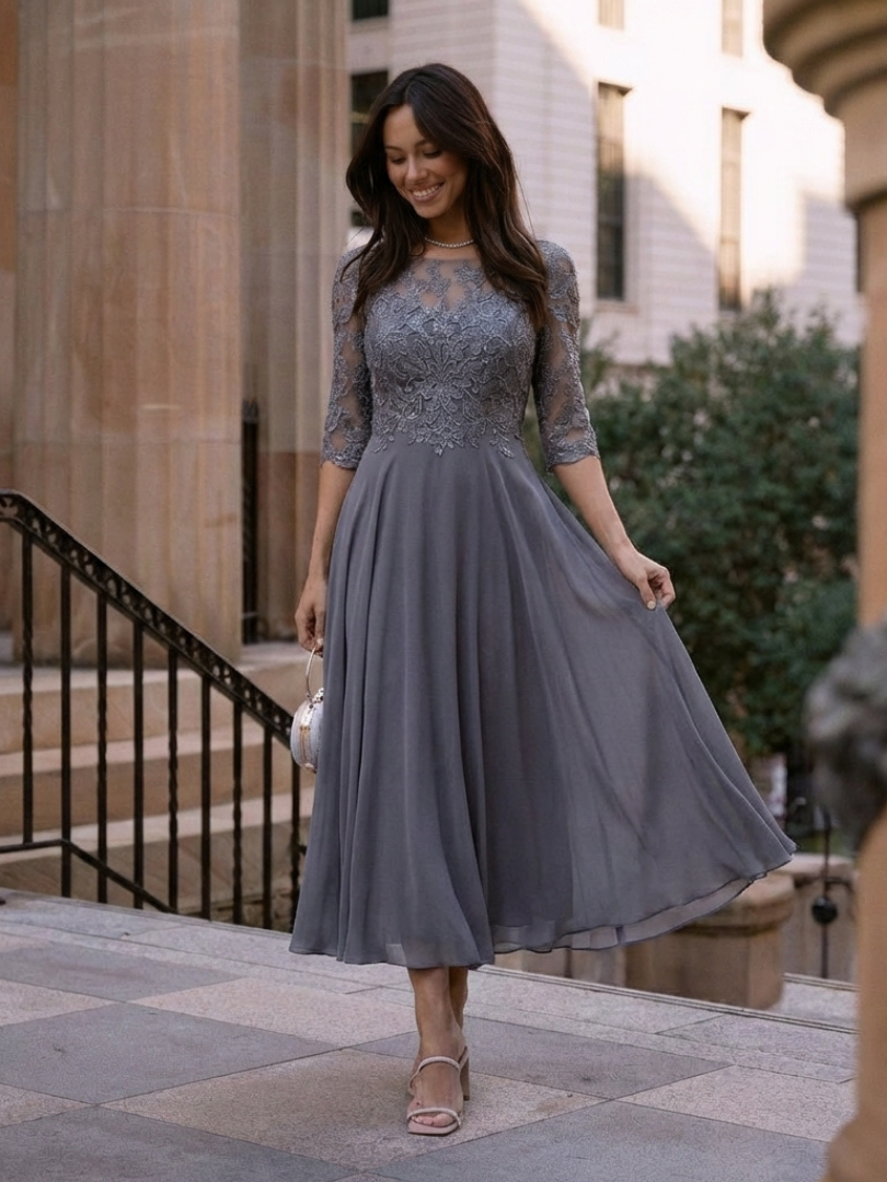 Formal women's midi dress: elegant lace bodice, sheer sleeves. Available in blue & burgundy for special occasions.