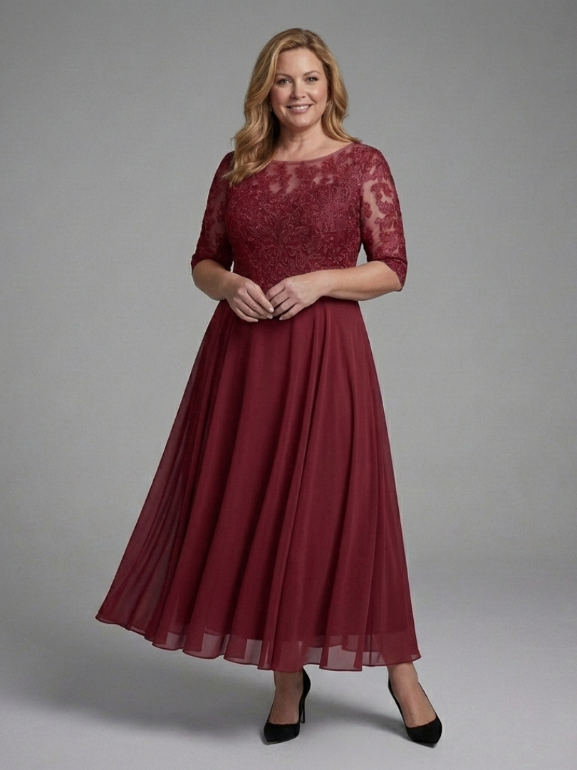 Women's elegant midi dress featuring a detailed lace bodice, sheer sleeves, and a flowing skirt for evening wear.