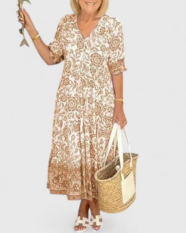 Chic women's beige midi dress. Flattering v-neck and half sleeves make this an elegant & versatile summer dress.