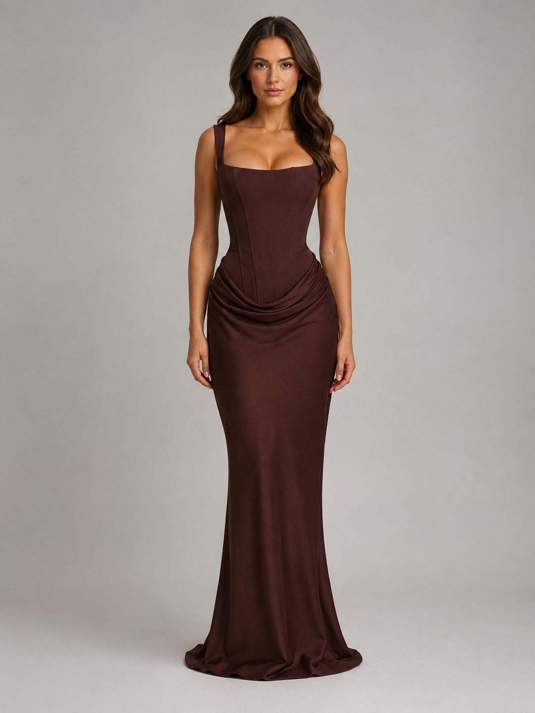 Elegant women's bodycon maxi dress with draped corset detail, perfect for evening wear.