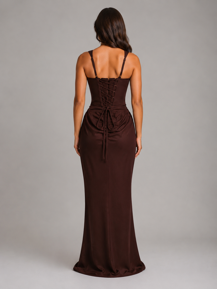 Formal women's bodycon maxi dress, elegant draped style, great for evening, vacation, or special occasions.