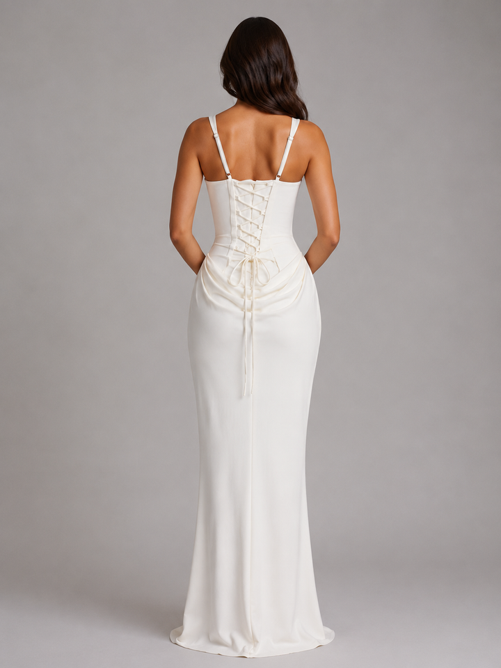 Stylish women's bodycon maxi evening dress, featuring a sophisticated draped corset design.