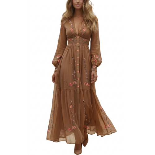 Bohemian long sleeve tiered maxi dress for women, featuring elegant floral embroidery and button-down front.