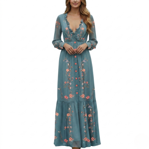 Stylish women's spring/summer maxi dress, elegant boho floral design with long sleeves and flowy tiered skirt.