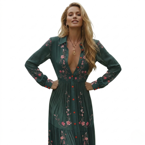 Women's button-down boho maxi dress, featuring delicate floral embroidery and a chic tiered long sleeve design.