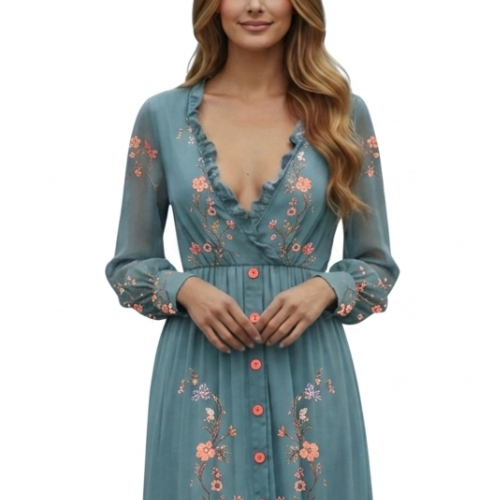 Beautiful women's boho floral embroidered maxi dress, long sleeve tiered design, ideal for elegant summer & spring wear.