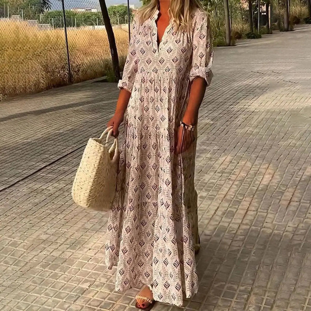Boho chic women's floral print maxi dress, V-neck design, flowy and elegant for summer parties & special events.