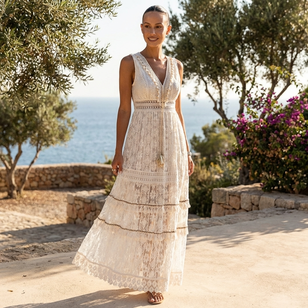 Elegant Women's Boho Lace Tiered V-Neck Maxi Dress in flowy beige, perfect for summer vacation or special occasions.
