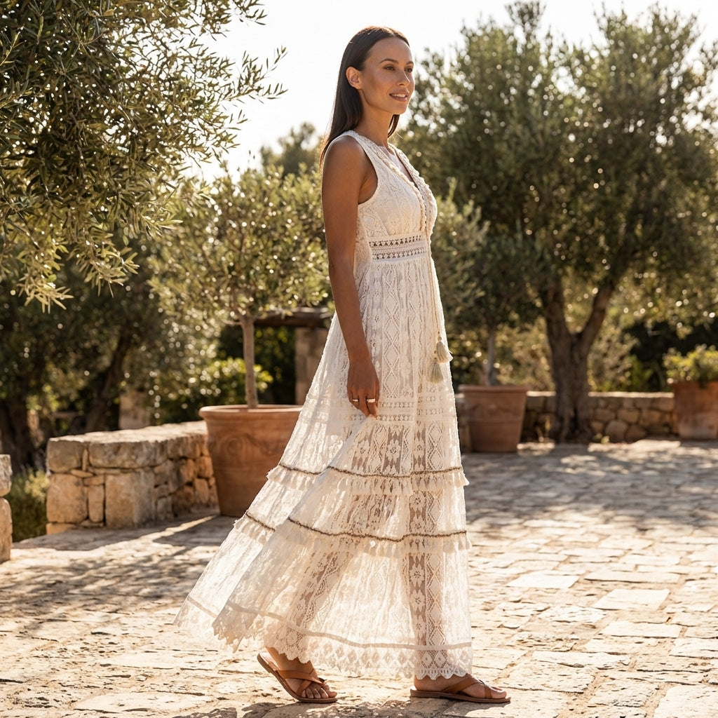 Flowy beige boho lace tiered maxi dress with V-neck, offering a feminine and elegant look for summer vacations & events.