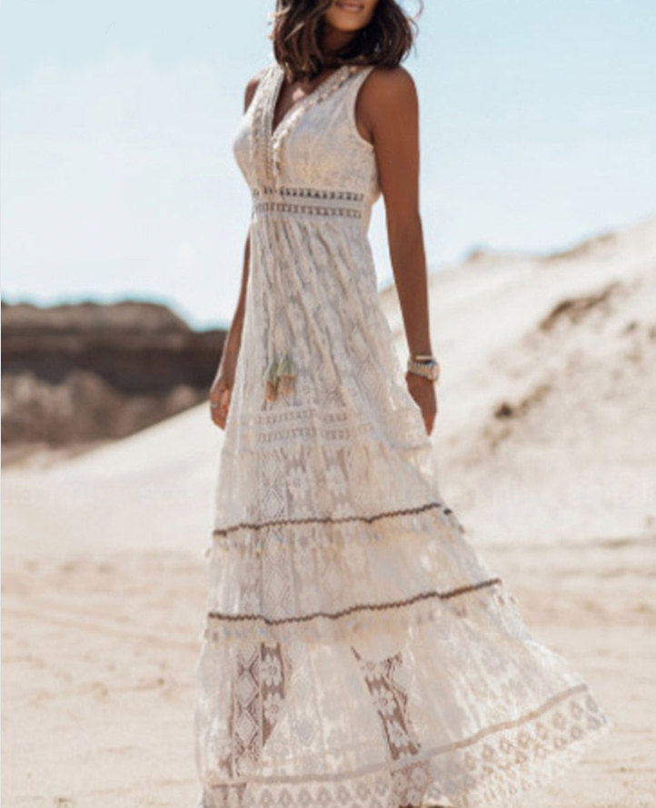 Comfortable long boho maxi dress for women, great for beach holidays, resort wear, or casual elegant looks.