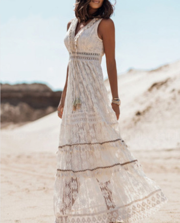 Comfortable long boho maxi dress for women, great for beach holidays, resort wear, or casual elegant looks.