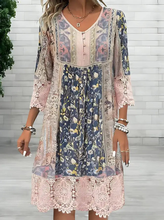 Elegant women's boho midi dress with V-neck, floral lace details, perfect for summer casual or bohemian style.