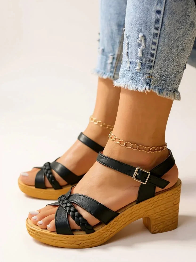 Elegant women's braided strap block heel sandals with cushioned platform for summer comfort and style.