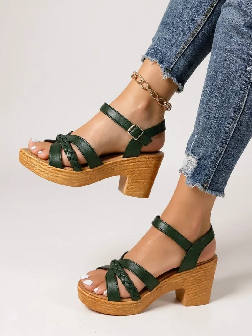 Women's braided strap platform sandals with a comfortable block heel, open toe, and adjustable buckle.