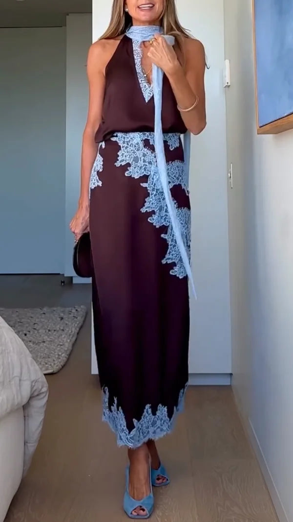 Brown women's halter top with lace trim & matching maxi skirt. Perfect elegant formal wear or day to night set.