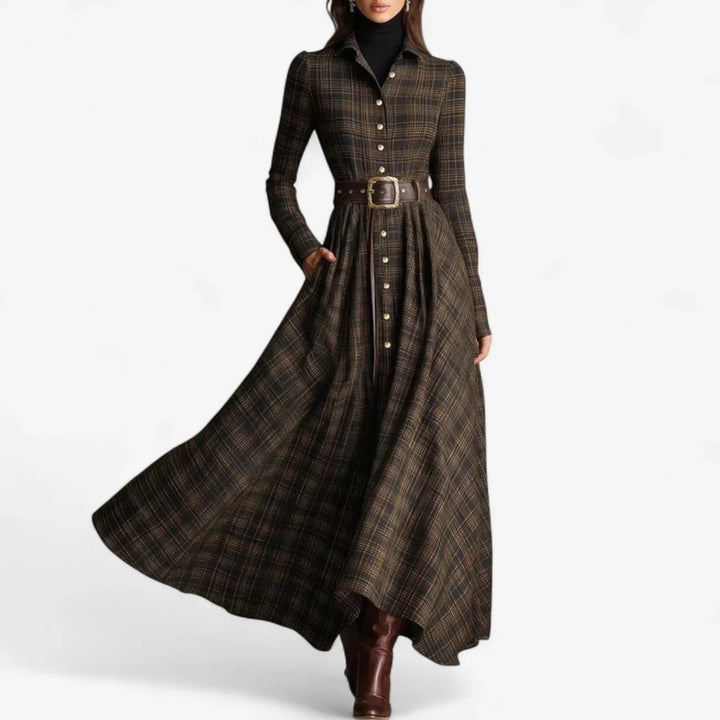 Elegant women's brown plaid maxi dress with collar, button-front, and pockets. Perfect flowy autumn long sleeve style.
