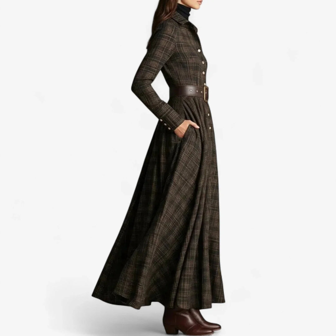 Comfortable women's long sleeve plaid maxi dress. Vintage-inspired collared button-front design with practical pockets.