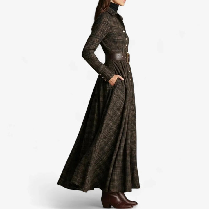 Comfortable women's long sleeve plaid maxi dress. Vintage-inspired collared button-front design with practical pockets.
