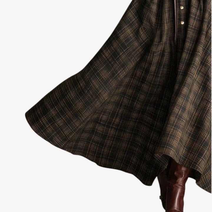 Stylish autumn women's plaid maxi dress featuring a collared, button-front design, long sleeves, and side pockets.