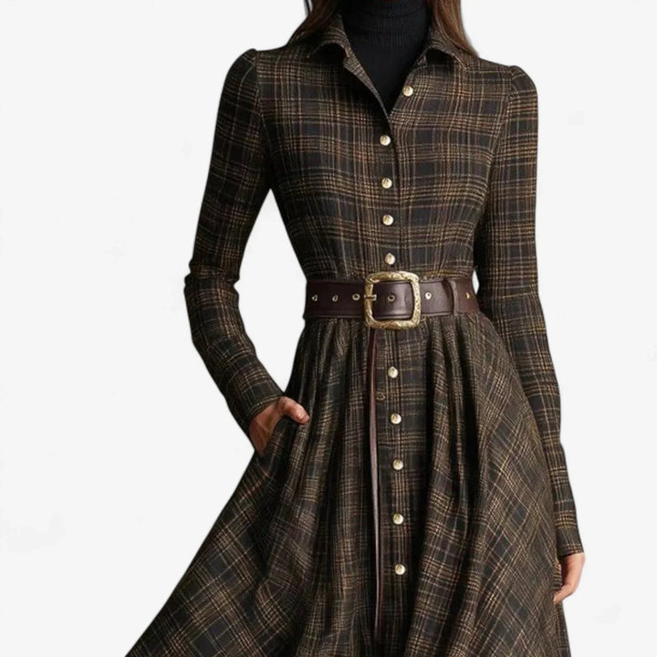 Chic women's brown plaid maxi dress. Elegant collared, button-front design with long sleeves and a flowy silhouette.