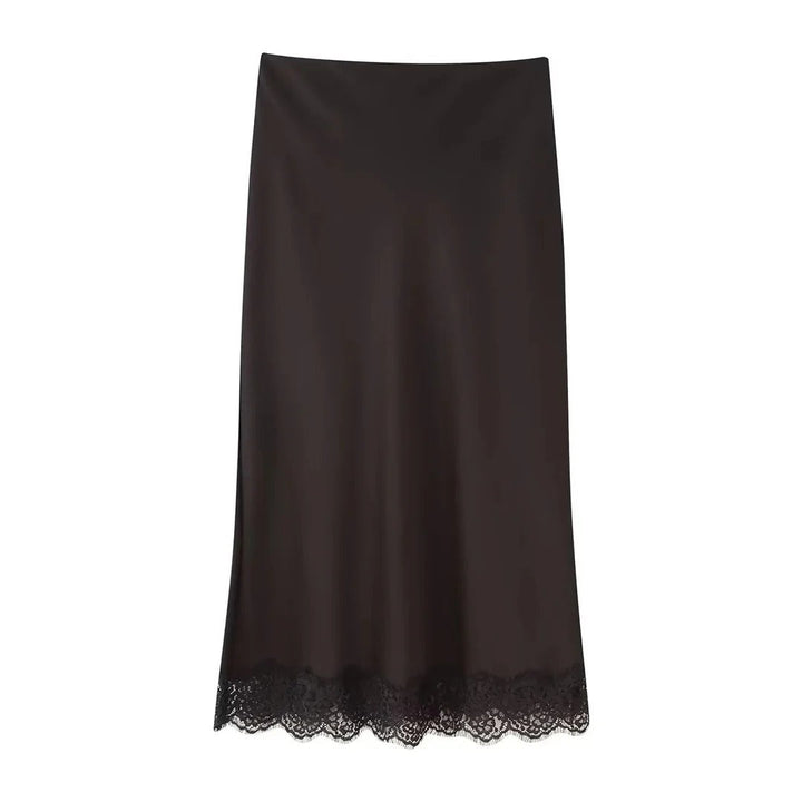 Women's elegant brown two-piece set featuring a stylish top and flowing midi skirt for formal events.