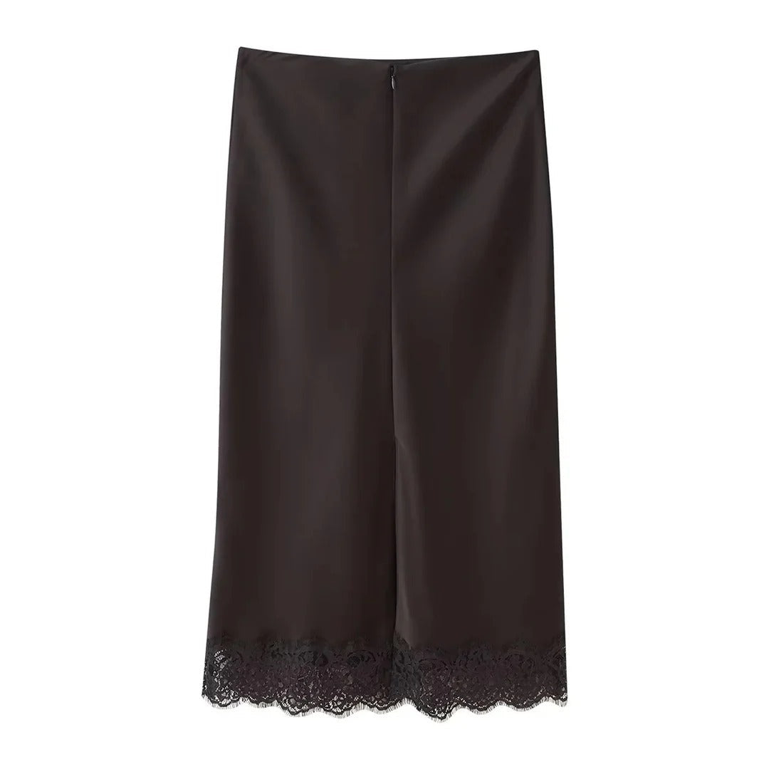 Stylish women's brown two-piece midi skirt and top set. Elegant formal or evening wear for any special occasion.