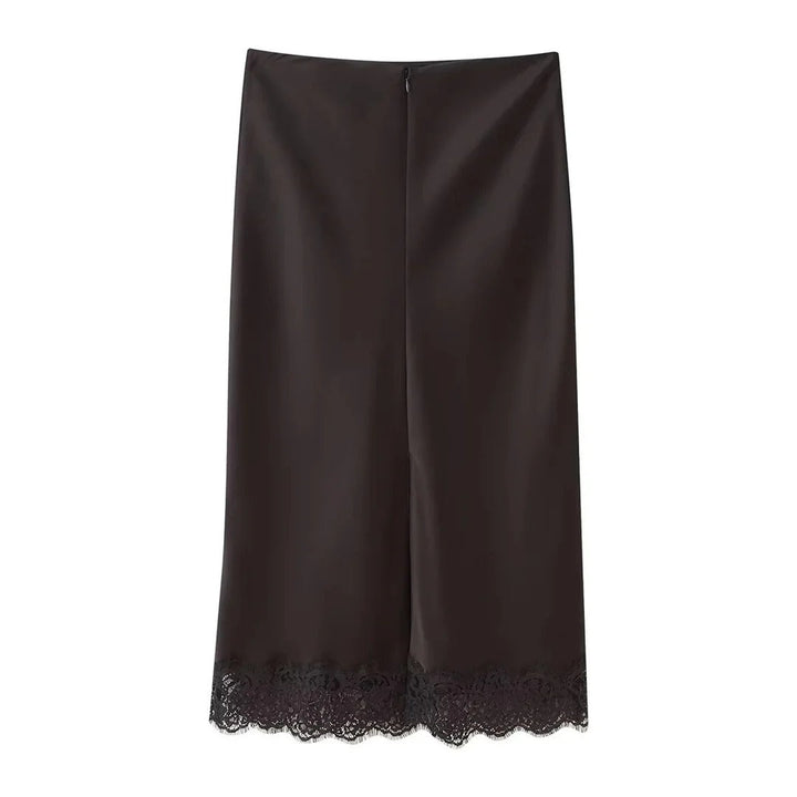 Stylish women's brown two-piece midi skirt and top set. Elegant formal or evening wear for any special occasion.