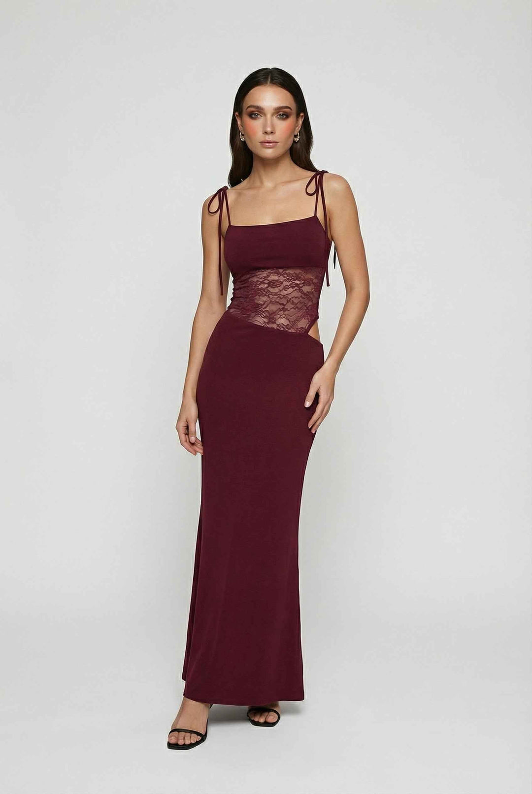 Women's formal burgundy maxi dress, an elegant backless evening gown for parties & weddings.