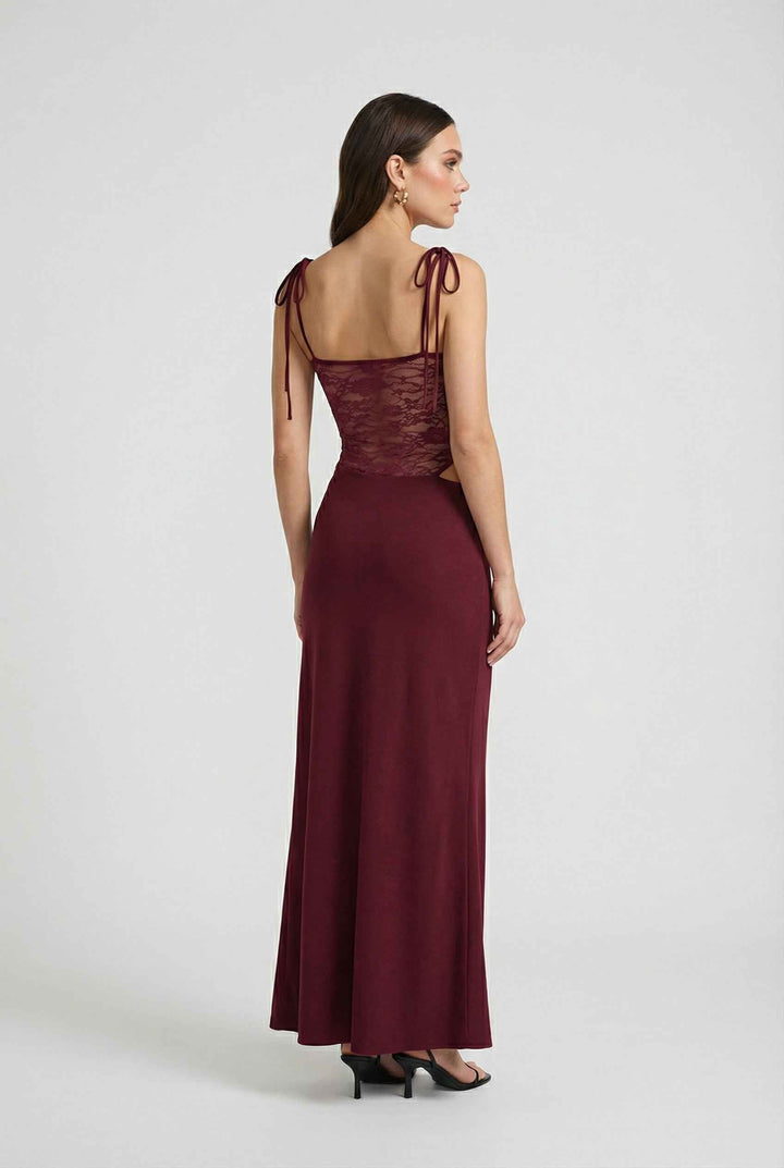 Stunning women's backless burgundy maxi dress. Ideal elegant gown for special occasion and evening events.