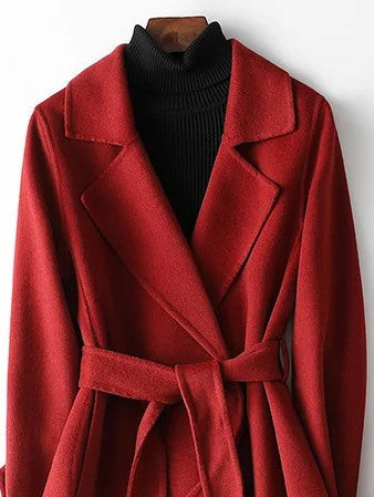 Chic women's burgundy long belted wrap coat, A-line, ideal for elegant outerwear & sophisticated winter occasions.