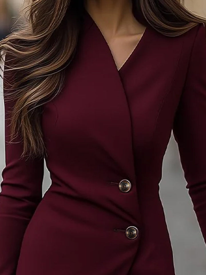 Versatile women's burgundy buttoned wrap midi dress. Great for formal wear, office attire, or elegant evening fashion.