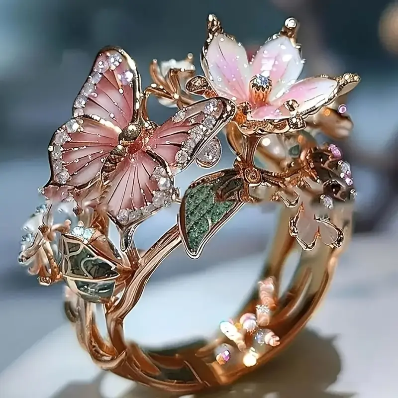 Elegant women's butterfly ring with dazzling cubic zirconia stones, crafted in silver, showcasing a delicate and sparkling design.