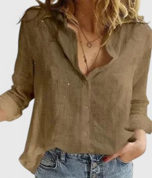 Women's elegant button-down blouse, relaxed fit, long-sleeve top with lapel collar, versatile for any occasion.