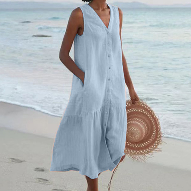 Stylish sleeveless V-neck midi dress for women, featuring a full button-down front, ideal for beach or summer fashion.