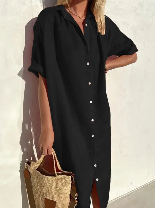 Elegant women's button-down shirt dress. Perfect for versatile summer fashion & comfortable everyday wear.