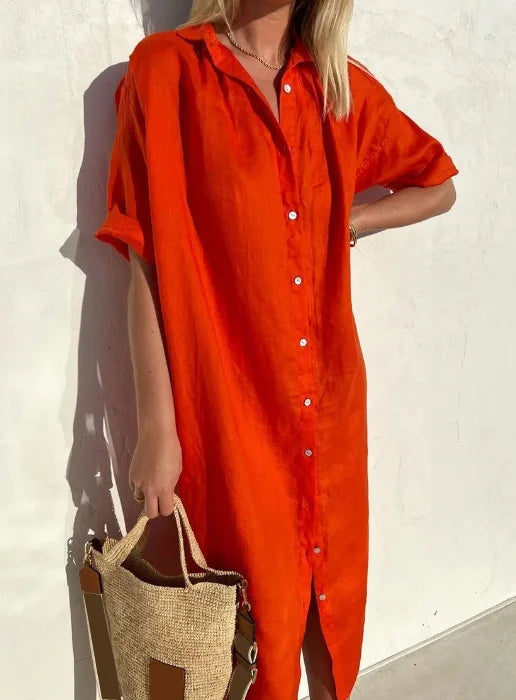 Stylish long-sleeve button-down shirt dress for women. Comfortable & elegant, ideal for casual day wear.