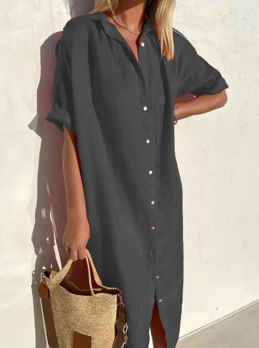 Comfortable women's everyday button-down shirt dress. Elegant and stylish, perfect for day or casual wear.