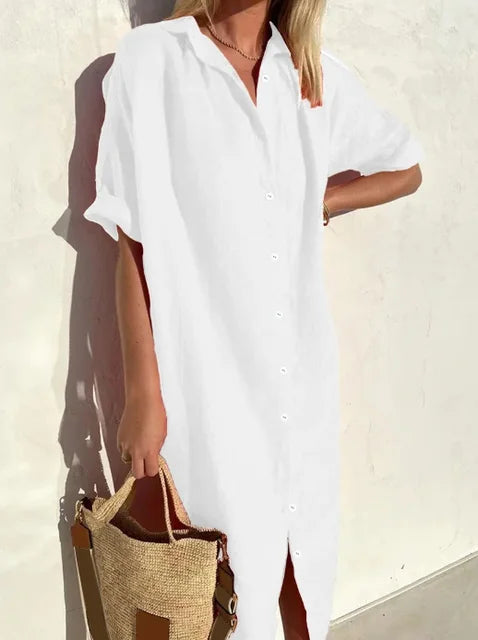 Effortlessly elegant women's summer shirt dress. Button-down style, comfortable & versatile day wear.