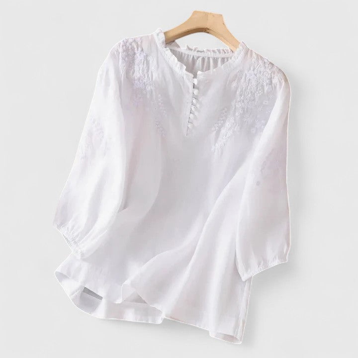 Stylish women's spring/summer blouse featuring a button-front design and intricate embroidery, a versatile top for any occasion.