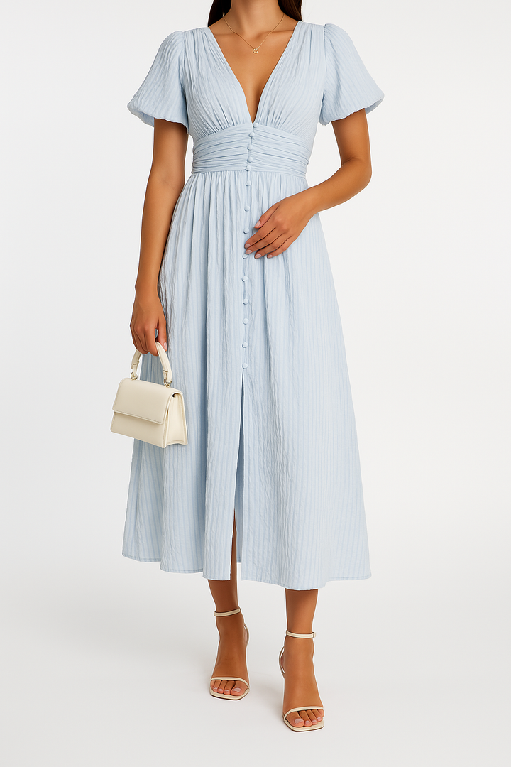 Women's elegant button-front maxi dress, a chic and flowy long dress suitable for spring & summer fashion.