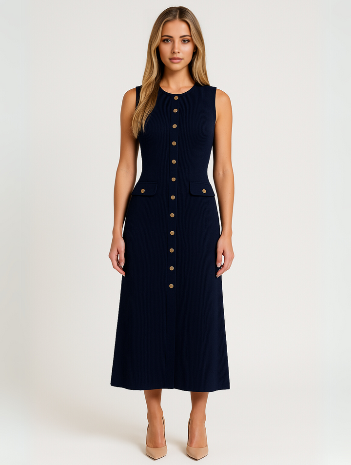 Elegant women's button-front midi dress, perfect for sophisticated daywear or versatile evening occasions.