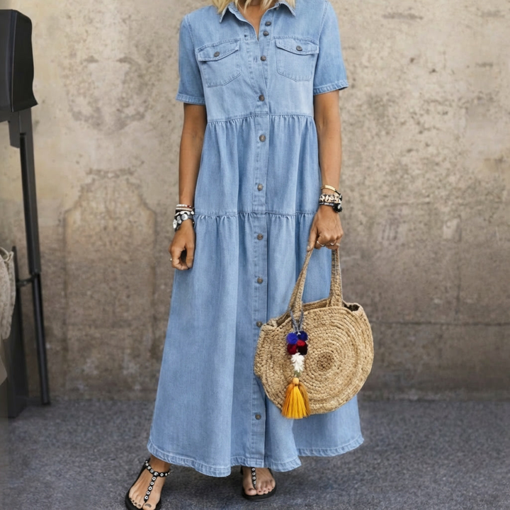 Elegant women's button-front tiered midi dress, perfect for summer casual wear. Relaxed fit for versatile everyday fashion.