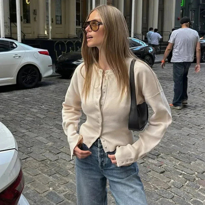 Soft knit women's round neck cardigan, a chic button-up top for spring outfits & elegant layering.