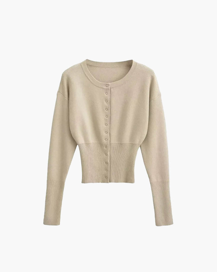 Stylish women's round neck cardigan, a comfortable button-up top for fall fashion & elegant casual wear.
