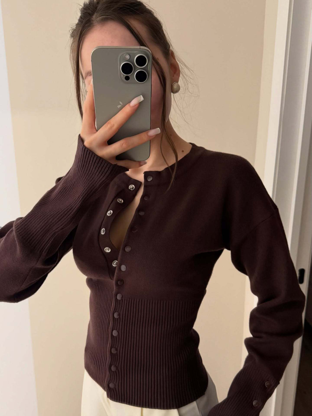 Women's elegant button-up long sleeve cardigan with a classic round neck, great for any season.