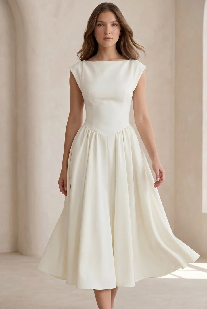 Elegant women's cap sleeve midi dress for sophisticated office wear or evening events. Timeless fashion.