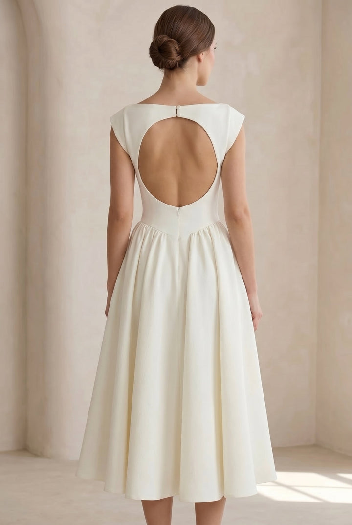 Professional women's midi dress with cap sleeves. Perfect for office, formal events, or elegant evening wear.