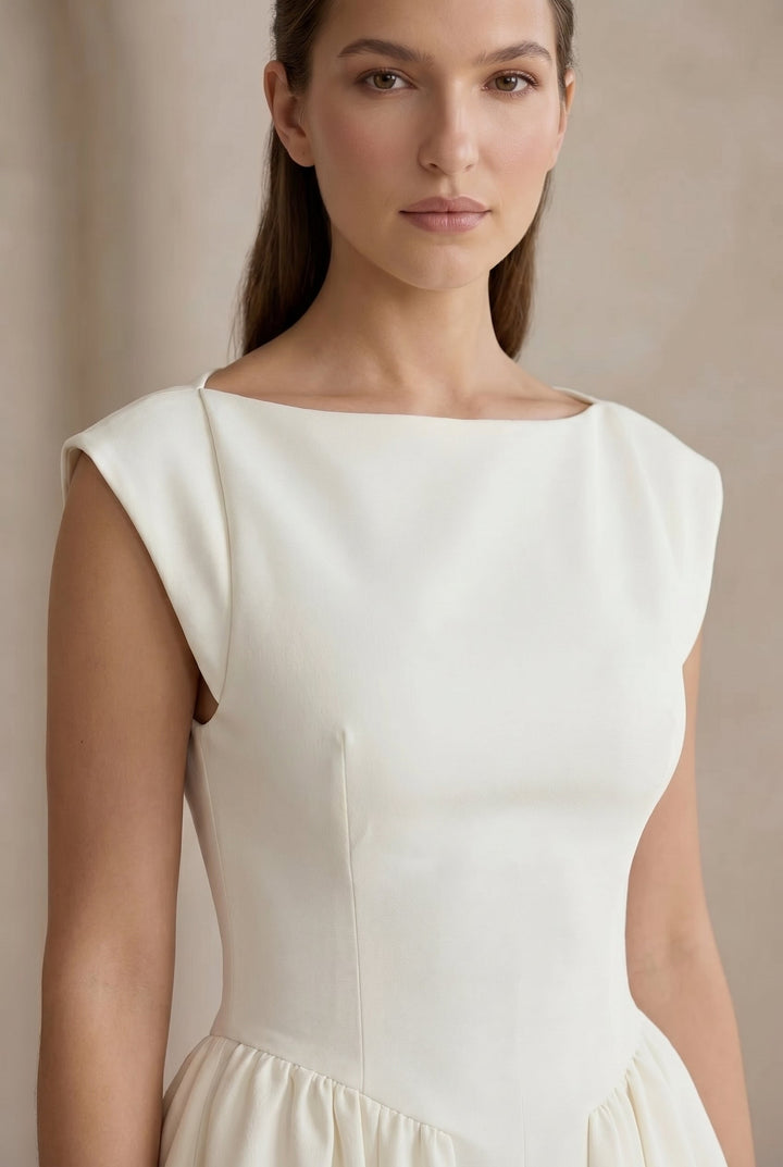 Sophisticated cap sleeve midi dress for women. Ideal for spring, summer, or autumn formal & office attire.